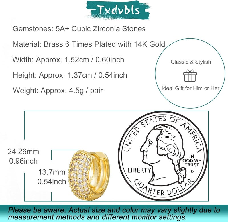 Txdvbls Store أقراط هووب للرجال | أقراط هاجي مطلية بالذهب عيار 14 قيراط، خفيفة الوزن ومزينة بحجر CZ لمستخدمي الأذن الحساسة - Image 5